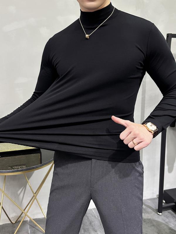 シャツ メンズ 秋 冬 長袖 トップス 高弾性 セミ ハイネック T ベルベット 厚く 暖かい ボトム スリム ミッド カラー T