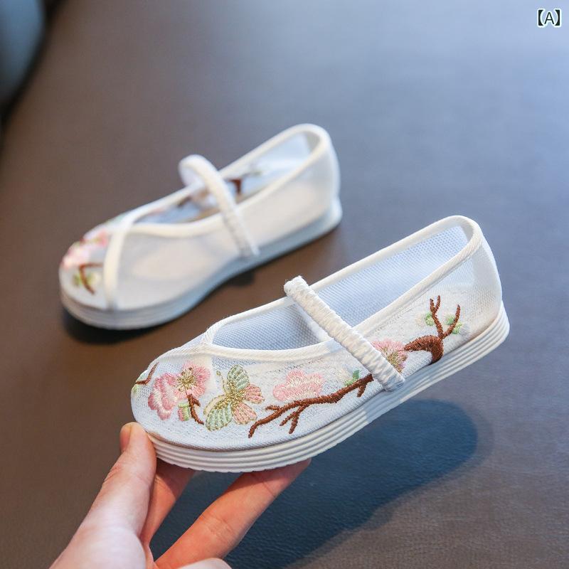 신발 신발 아이 신발 귀여운 메리 제인 걷기 쉬운 키즈 여름 아이 넷 소녀 천 신발 중국풍 복고풍 의상 한복 미끄러지지 않는 자수