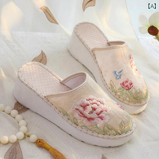 レディース 夏 ミュール 厚底 フラット おしゃれ 婦人靴 スリッパ 履きやすい 女性用 古風 布靴 エスニック 包頭 刺繍 サンダル レトロ 高める 漢服