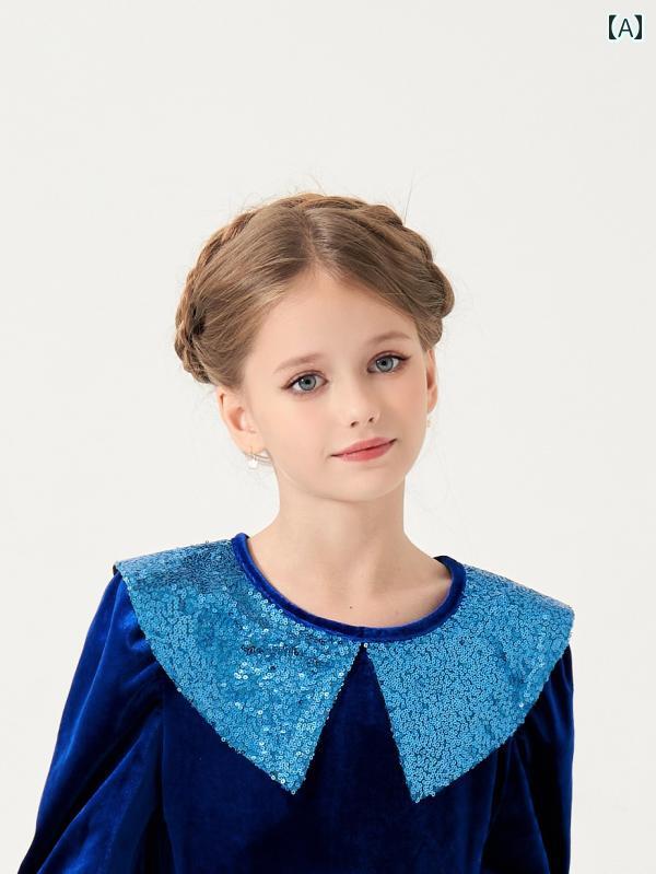 ドレス ワンピース かわいい キッズ ファッション 子供服 女の子 秋冬 ベルベット 長袖 スパンコール プリンセス パレス スタイル 大きい 子供用 スパンコール ロイヤル ブルー