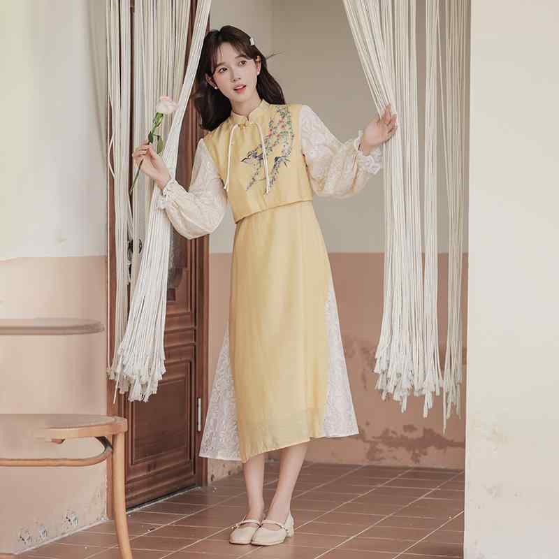 China Dress - レディース ファッション レトロ 森ガール 伝統モダン 春秋 長袖 ドレス 女の子 ケープ チャイナ風 マント チャイナドレス 2点セット