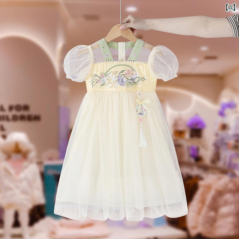 여름 키즈 웨어 걸스 한복 아동복 프린세스 드레스 중화 자수 레트로 슈퍼 페어리