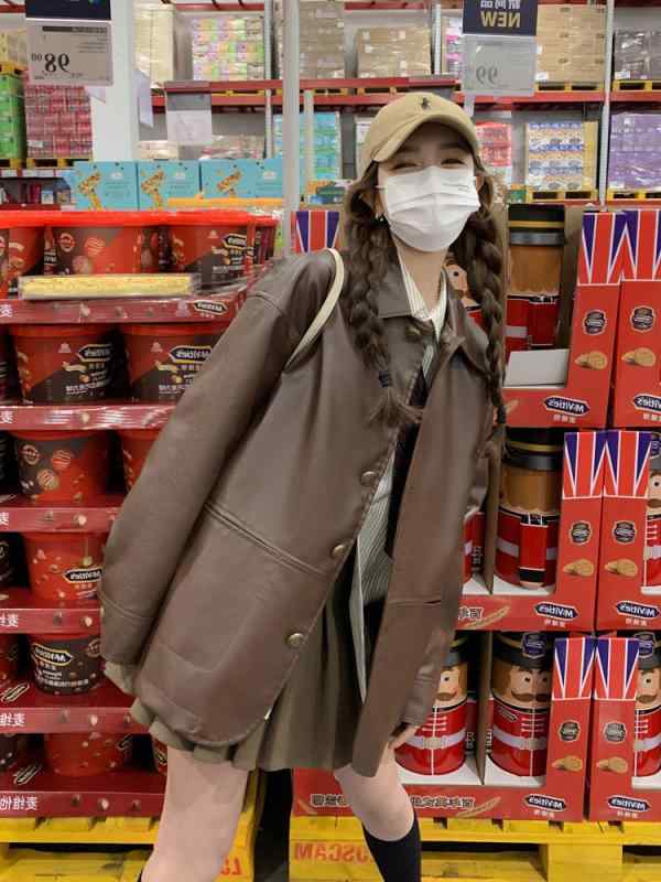 ジャケット 秋 春 ブラウンレザー 女性 小さい 韓国 ハイエンド レトロ ミドル丈 pu レザー