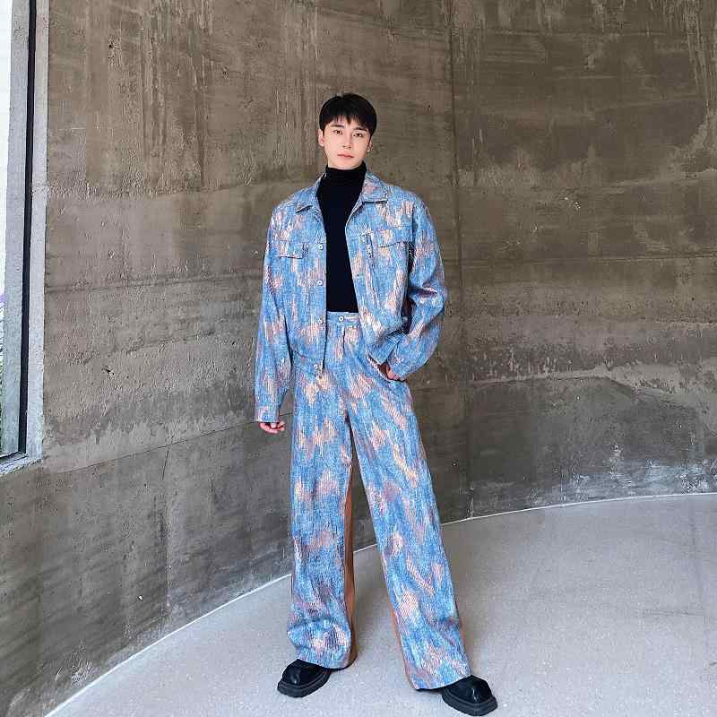 ジャケット メンズ 秋 冬 ハイエンド スパンコール デニム カラー ファッション スーツ ツーピース スプライシング ワイド レッグ