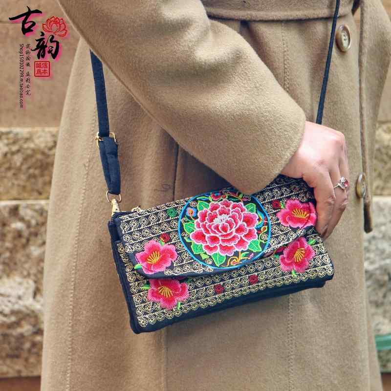 バッグ エスニック おしゃれ 刺繍 フラワーバッグ キャンバス カジュアル シンプル レディース 多層 シングルショルダー クロスボディバッグ 花