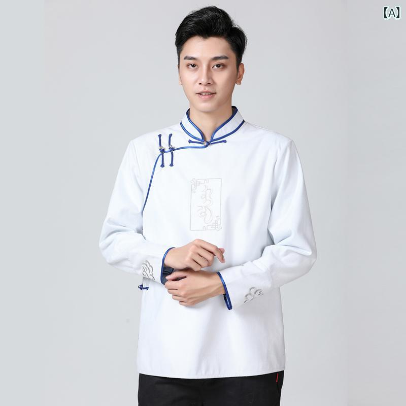 メンズ 紳士服 モンゴル シャツ 冬 エスニック 普段使い生活 長袖 トップス スタンドカラー 民族風 ローブ