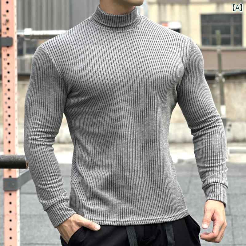 メンズ トップス シャツ フィットネススポーツ スリム 長袖 T ストライプ タートルネック ストレッチ ..