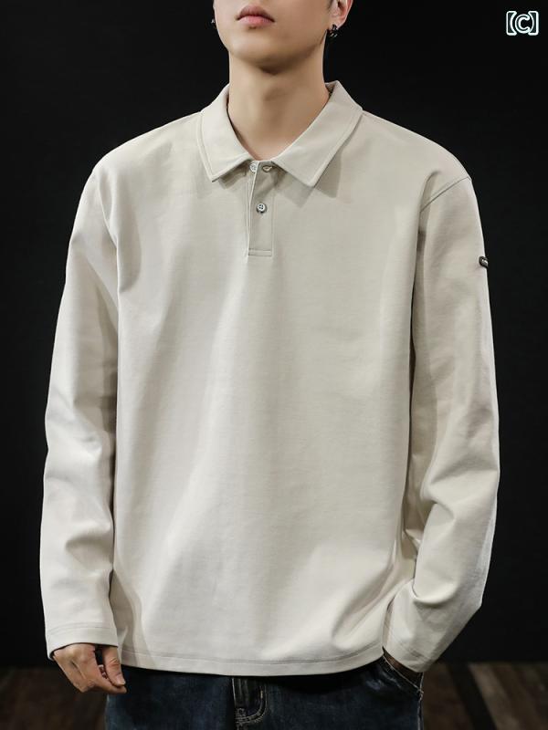 ポロシャツ おしゃれ アメリカ 長袖 メンズ 春 無地 シンプル カジュアル Tシャツ メンズ 厚手 レジャー ゆったり ウォッシュド 綿