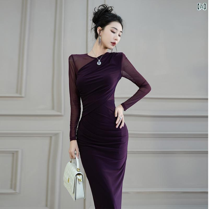 レディース 長袖 ウェブサイト メッシュ スプライシング ドレス 春秋 女性 ハイエンド フランス スリム スカート(4)