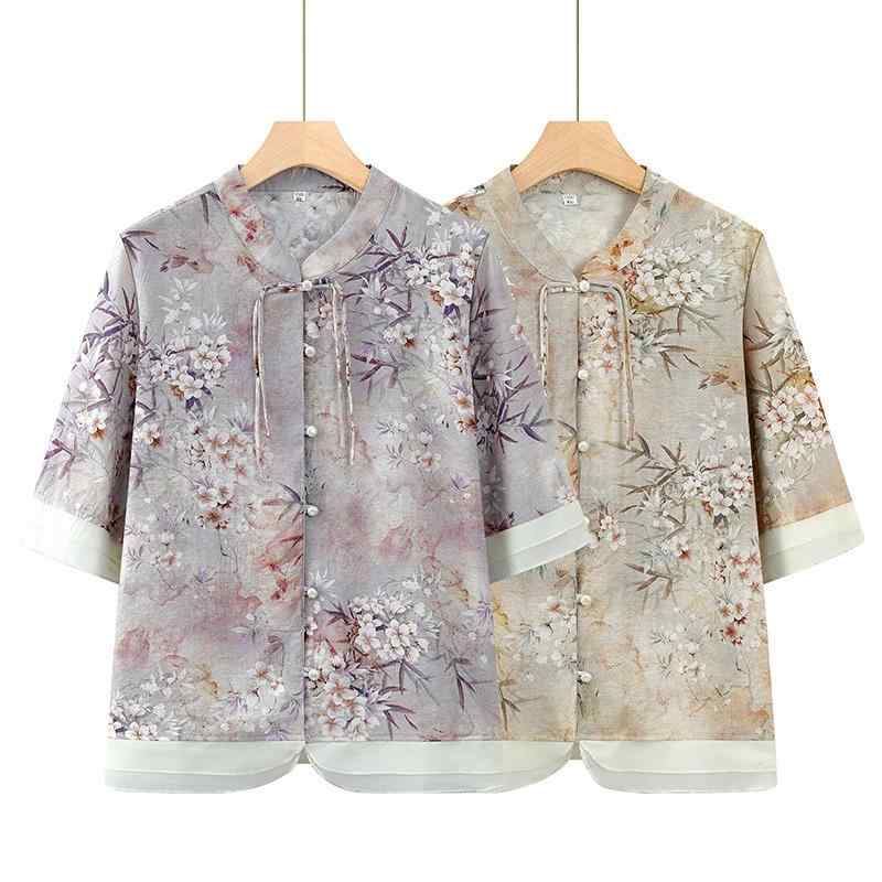 Rakuten - カジュアルウェア セットアップ ルームウェア スーツ チャイナ風 シャツ 2点セット レディース シニア ファッション トップス 涼感 薄手 ラウンドネック 大きめサイズ ゆったり おしゃれ