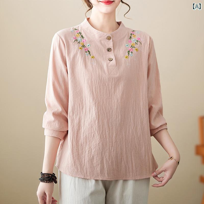 レディース カジュアル 夏 パンツ ファッション 女性用 春 長袖 シャツ コットンリネン 刺繍入り トップス ウエスタンスタイル 汎用性 高さ レイヤリング スーツ チャイナ 風