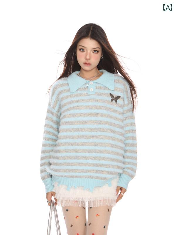 トップス レディース ポロシャツ ストリート プルオーバー ウール 春秋冬 暖かい 長袖 リボン セーター ストライプ カジュアル 蝶 ボタン