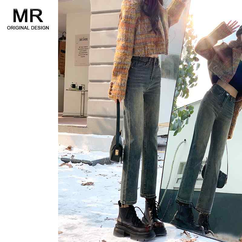 Straight Jeans - パンツ デニムパンツ レディース スタイリッシュ レディース セメント カラー ストレート ジーンズ 春 ハイウエスト スリムフィット スリム シガレット パイプ 小柄