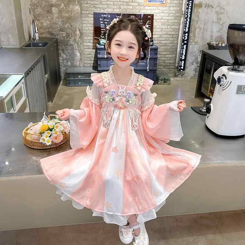 Kids' clothing, fashionable, stylish, girls', Hanbok, performance, retro, Chinese style, Tang suit, spring and autumn, cute dress, pink, blue
