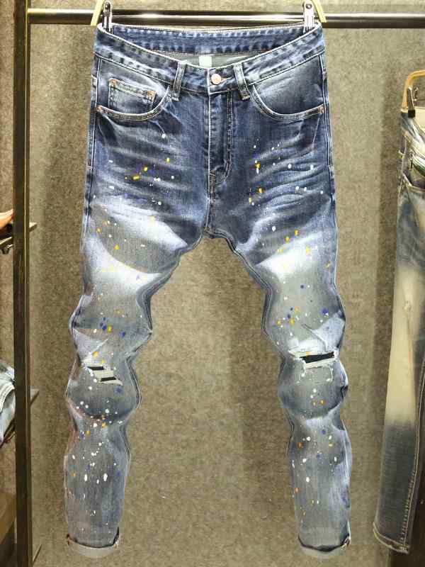 メンズ デニム おしゃれ Gパン カジュアル スプラッシュインク スプレーペイント ジーンズ スリムフィット パンツ 夏 ダメージ カラー ロングパンツ