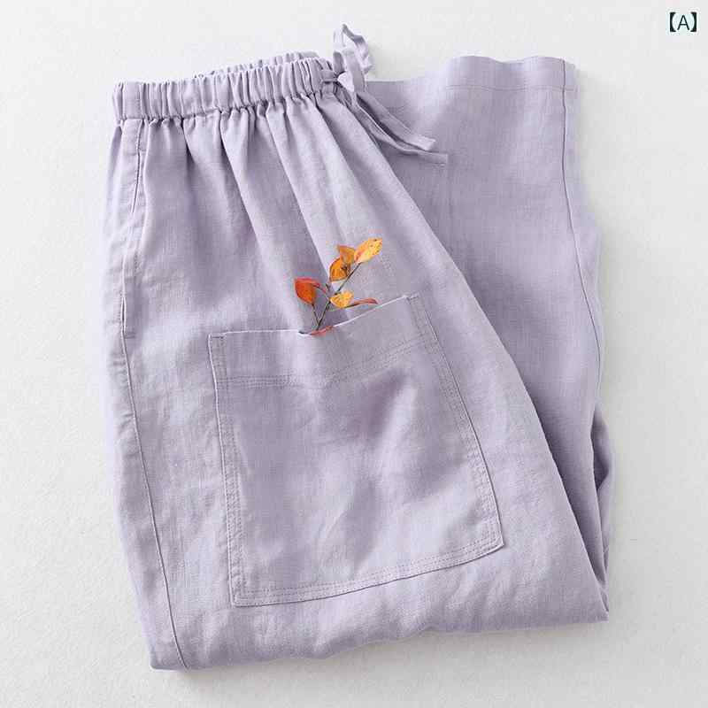 Linen, Hemp - レディース カジュアル パンツ ボトムス ゆったり 快適 普段使い ママ ズボン レディース 和風 無地 リネン 大きめサイズ 着痩せ コットンリネン クロップド
