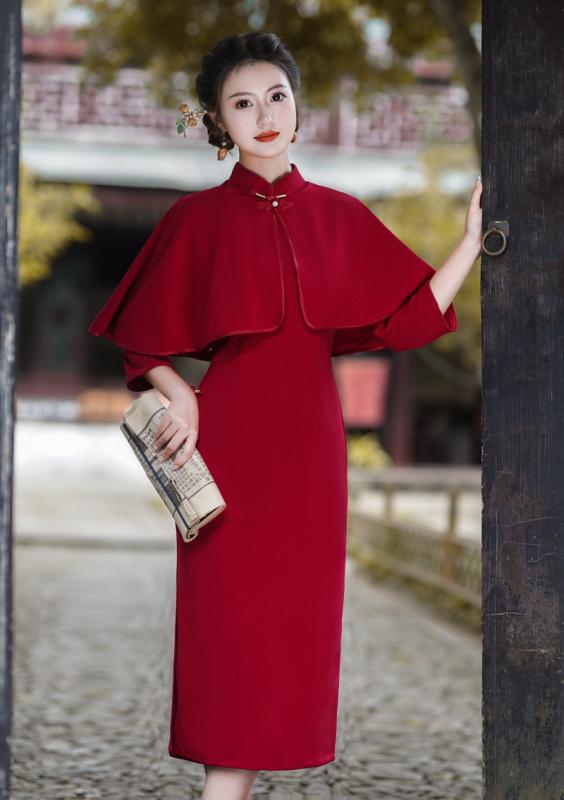 ドレス 秋 冬 七分袖 中華風 赤い チャイナ ショール ツーピース スリム 実家 帰省 既婚 女性