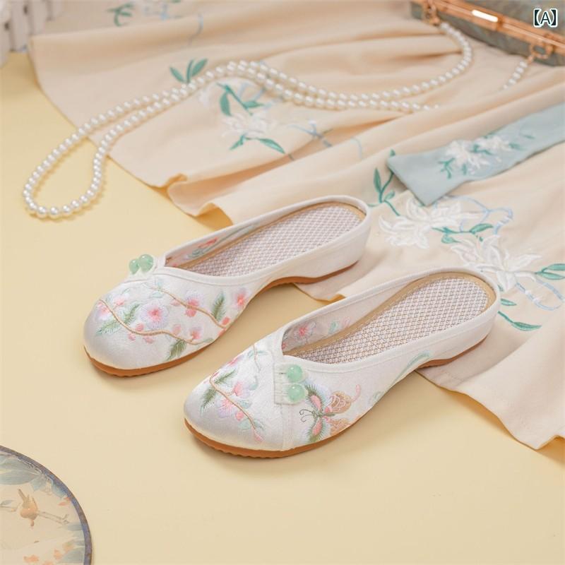 レディース 夏 ミュール フラット おしゃれ 婦人靴 スリッパ 履きやすい 古風 女性 刺繍 サンダル ウェ..