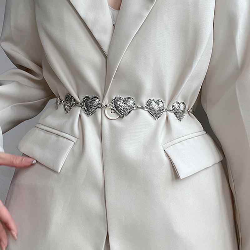 ウエスト チェーン レディース アクセサリー フレンチ レトロ ハート 装飾 シルバーメタル チェーン ハート型 薄手 ベルト ドレス ウエストベルト