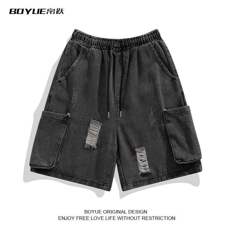 Nylon Shorts - パンツ デニム メンズ 夏 カジュアル リップド ワークウェア デニム ショート 短パン 半ズボン ティーンエイジャー 五分丈 シック