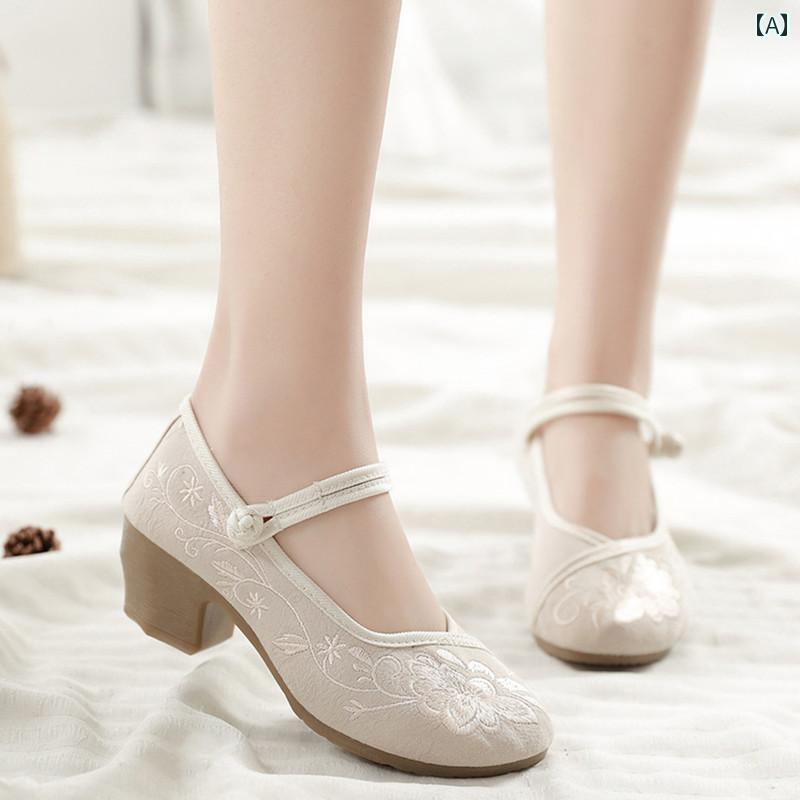 レディース パンプス おしゃれ メリージェーン 歩きやすい 布靴 婦人靴 レトロ チャイナ ドレス ハイヒール アンティーク 靴 女性用 漢服 刺繍 茶 芸 家 高める 民族風 スタイル