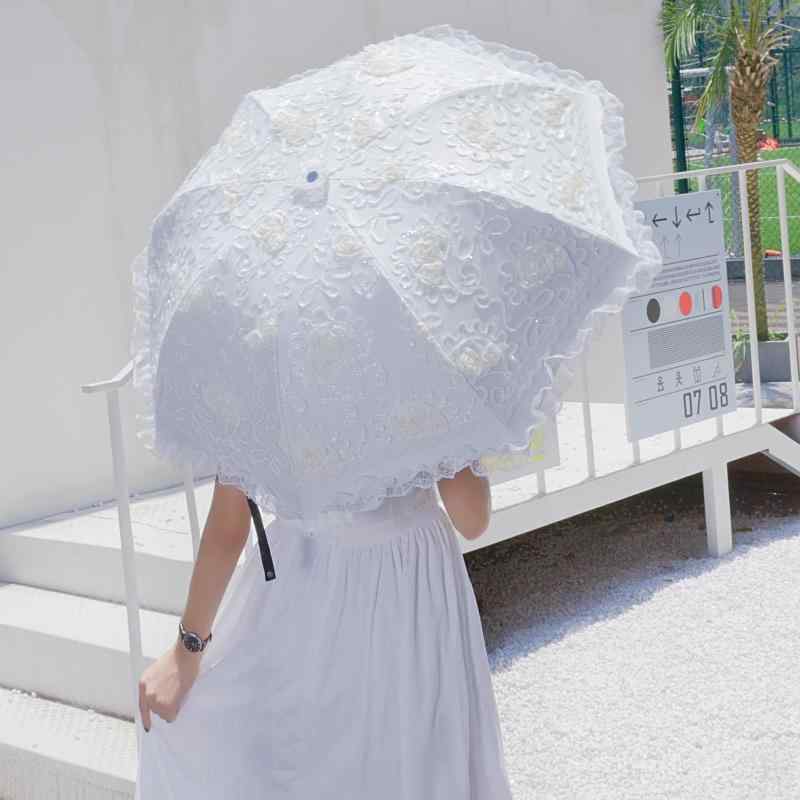 日傘 折り畳み傘 レディース エレガント 韓国 二つ折り レース 立体 花 ブラック ベージュ ベージュ 抗..