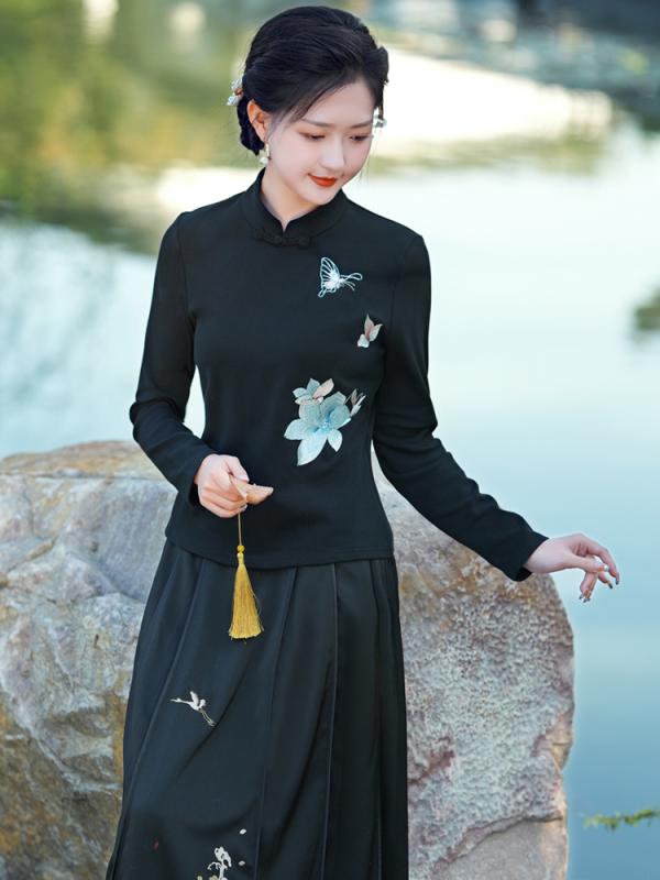 ジャケット コットン 秋 冬 ニット 中華風 文学 レトロ スタンドカラー 刺繍 日常 ベース 起毛 ティー