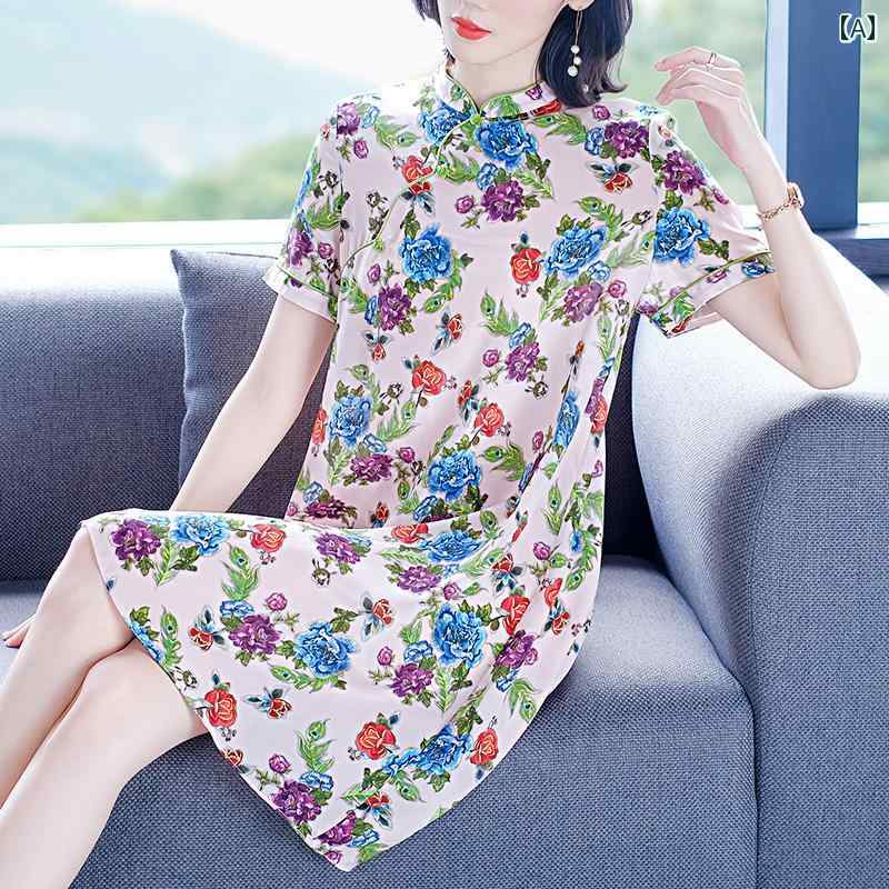 レディース 夏 ワンピース 半袖 きれいめ 上品 マザーズ おしゃれ お母さん お呼ばれ ドレス 女性 サマーウェア 桑 ロング スカート レトロ チャイナ 中華風