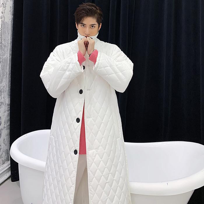 ジャケット コットン 秋 冬 韓国 シック 男性用 ホワイト チェック柄 ミドル丈 オーバー サイズ レースアップ