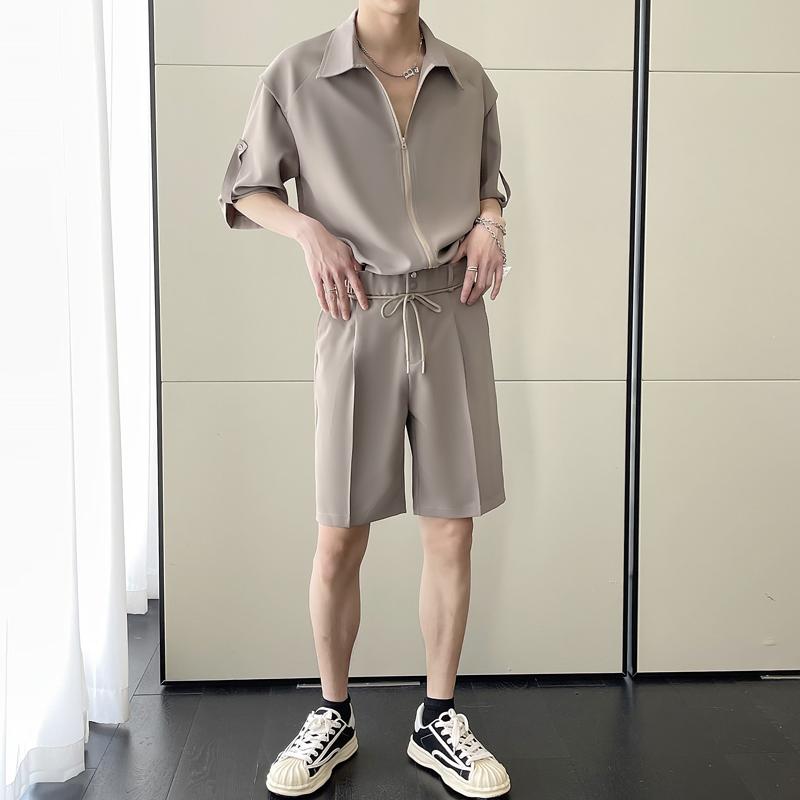 メンズ 夏 ひんやり 涼しい 快適 半袖 シャツ ショーツ セット カジュアル 無地 五分丈パンツ 二点セット