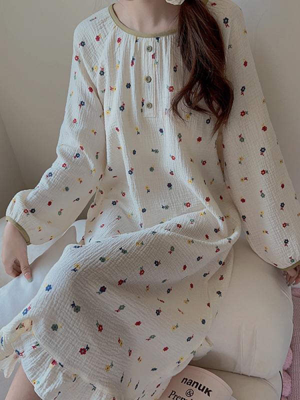 パジャマ レディース 小花柄 大きめサイズ 綿 ガーゼ レディース 夏 学生 ロング 寝間着 ワンピース