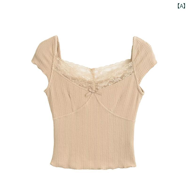 レディース 夏 T シャツ おしゃれ タイト スタイリッシュ ガール ネック レース スプライシング ボウ ショルダー 半袖 ショート スリム トップス