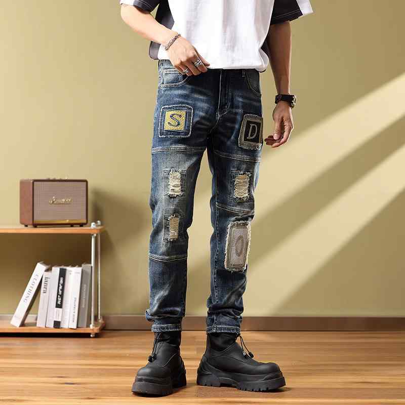 下裝 - パンツ デニムパンツ メンズ 春秋 アメリカ ファッション ジーンズ 弾性 スリム 裾細 カジュアル パッチ