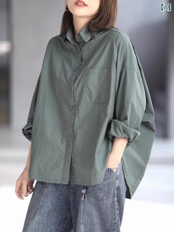レディース カジュアル トップス シャツ ママ 普段着 婦人服 シングル 無地 ゆったり 大きいサイズ スリム 見せ 長袖