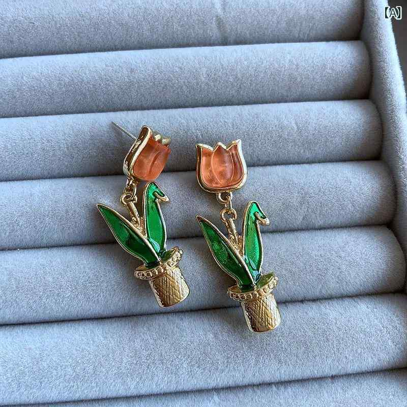 ピアス 宮殿風 チューリップ ピアス 象嵌 樹脂 銀 ニードル ガーリー アメリカ 小さめ さわやか 金 メッキ アクセサリー