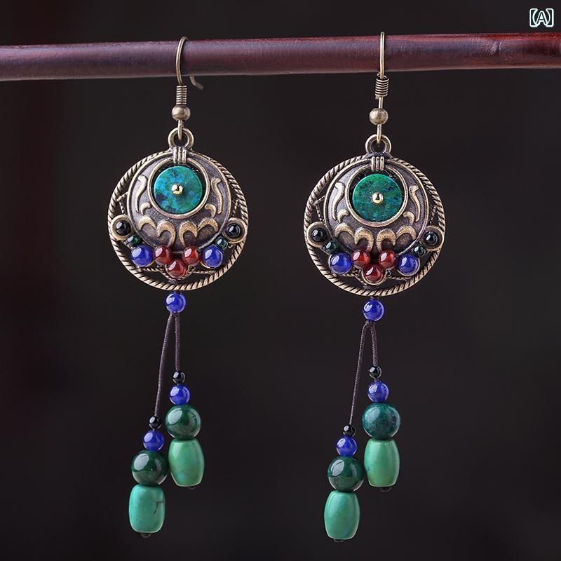 レディース タッセル アクセサリー ピアス おしゃれ 耳飾り ロング グリーン レトロ チャイナ 耳 クリップ