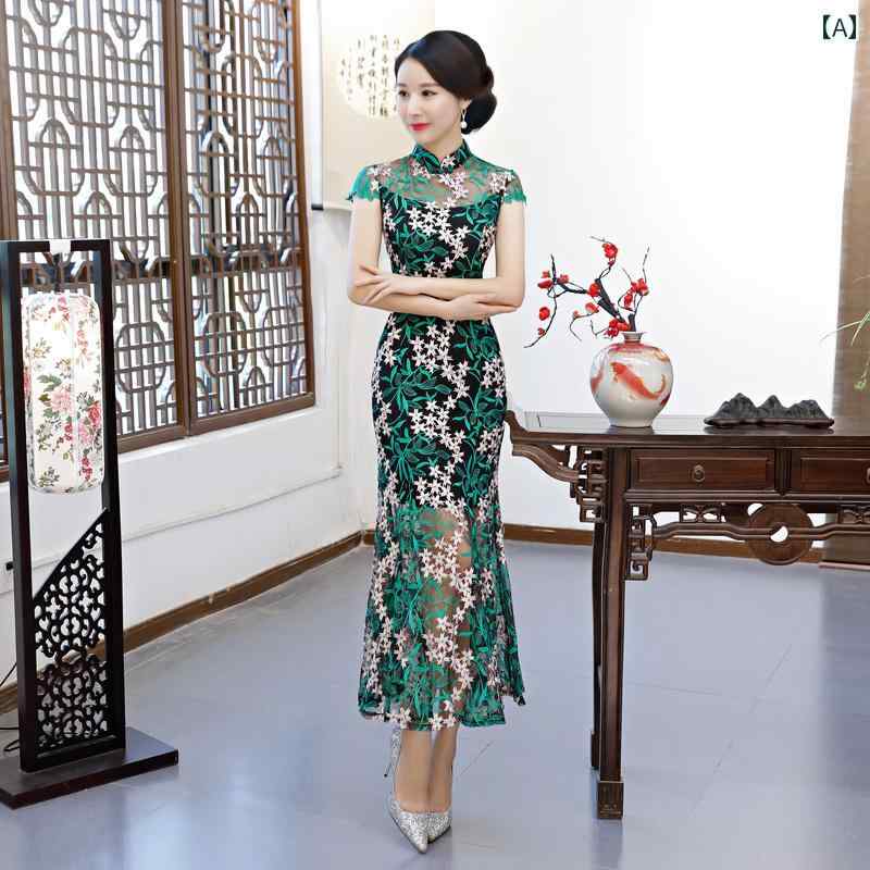 レディース 夏 チャイナ ドレス エレガント パフォーマンス 民族服 ロング ガーリー レース 春 女性 ファッション 威厳 パーティー