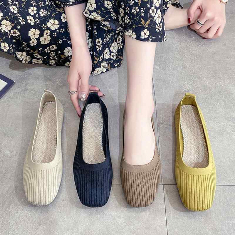 レディース 春 フラットパンプス スクエアトゥ フラット シューズ ニット ビーニーシューズ ストレッチ..