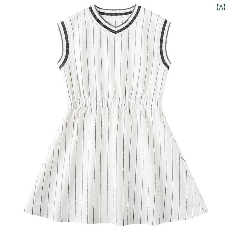 ドレス ワンピース キッズ かわいい ナチュラル 子供服 夏 ノースリーブベスト 子供 カジュアル コントラスト ストライプ 襟 プリーツ プリンセス 女の子 薄手