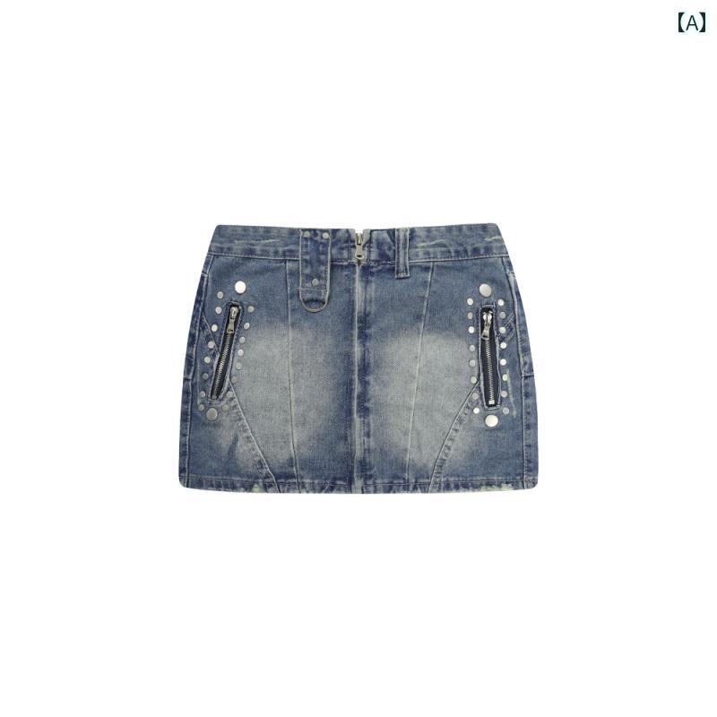 レディース デニム ミニスカート スタッズ 韓国 おしゃれ 細見え 脚長 美脚 アップ 快適 快適 イベント フェス レジャー アウトドア 女子会 旅行 普段着 パフォーマンス ダンス