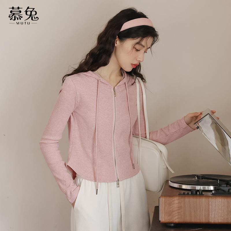 トップス コート レディース ピンク フード付き スウェットシャツ ショート 女性 春 小さい ダブル ジッパー カーディガン