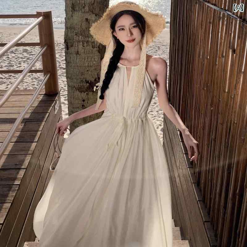 レディース 夏 リゾート ワンピース フランス ハイエンド ホルターネック ストラップレス 巾着 ドレス 女性 海辺 休暇 大きい スカート ビーチ