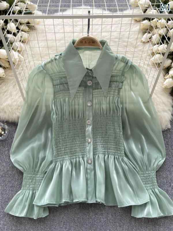 シャツ トップス レディース ブラウス かわいい リトルフェアリー ストリーマー 女性 秋服 弾性 スリム ショート フリル パフスリーブ 女性