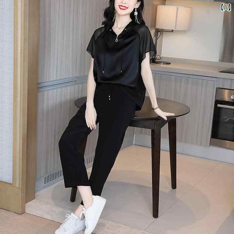 セットアップ レディース ブラック 夏 スタイリッシュ 大人 カジュアル フード トップス ワイドレッグ パンツ 2点(4)