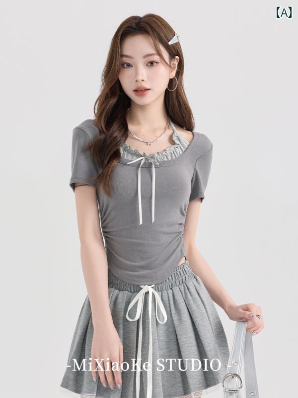 アメリカン レトロ ホルターネック フェイク セットアップ 半袖 Tシャツ レディース 夏 プリーツ スカートアメリカン風 ショートスリーブ ギャザー ウェストシェイプ