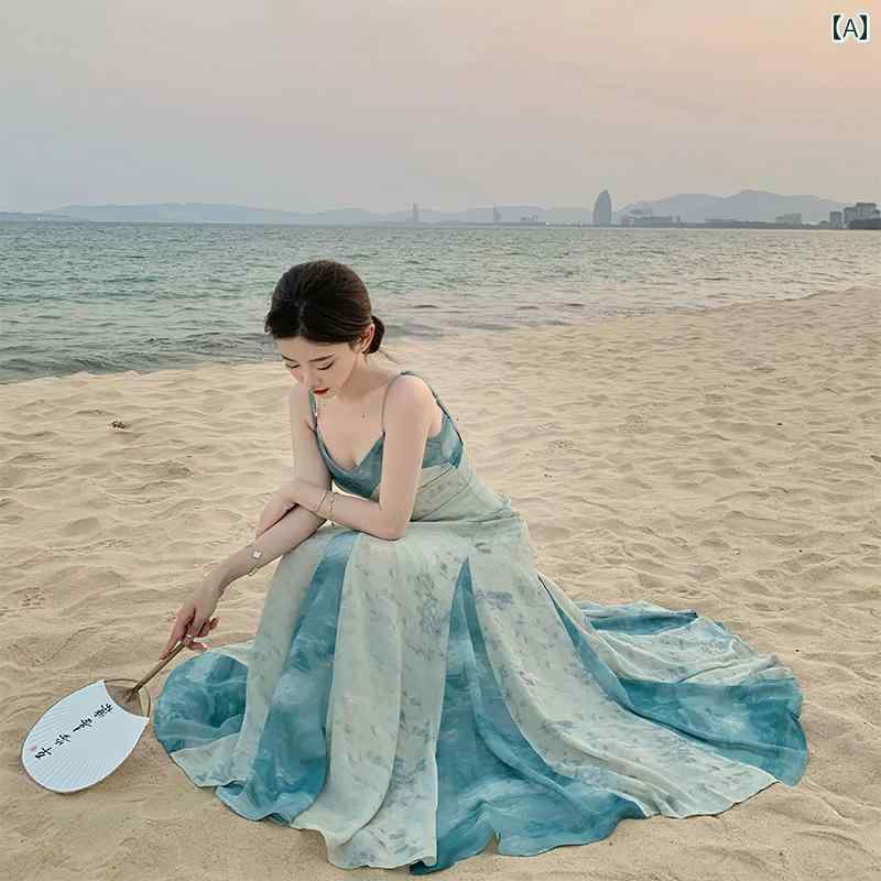 レディース リゾート ワンピース フレンチ レトロ 雰囲気 シフォン ロング スカート 観光 グラデーションブルー 大きい ドレス