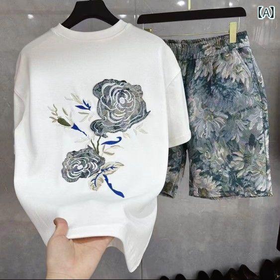 パンツ メンズ ファッション ライト 高級 半袖 ショート スーツ ツーピース セット 夏 ファッション カジュアル ツーピース セット