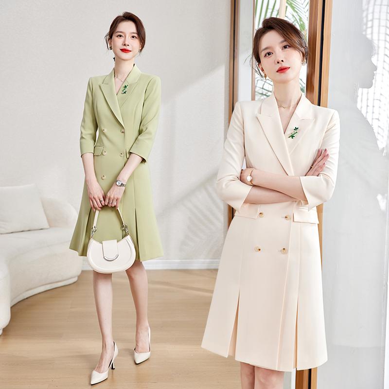 レディース ひさし襟 ダブルブレスト オールシーズン 七分袖 ミモレ丈スカート Aラインスカート ツイストポケット レディース 作業服