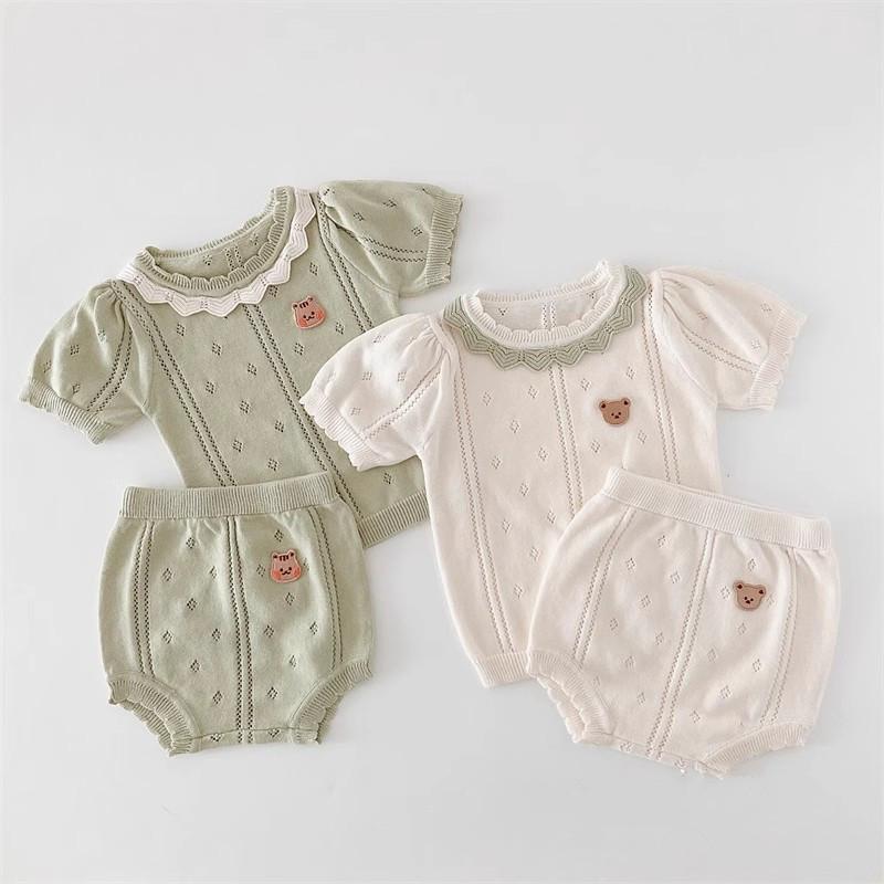 韓国 ベビー スーツ 夏 薄手 女の子 赤ちゃん ニット ウール トップス ショーツ かわいい おしゃれ