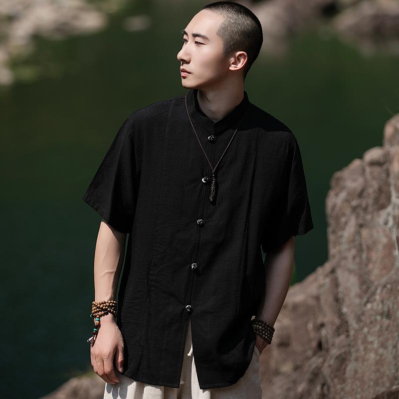シャツ ジャケット トップス メンズ ファッション 中華風 半袖 夏 対照的 カラー プレート ボタン スタンドカラー チュニック スーツ 唐